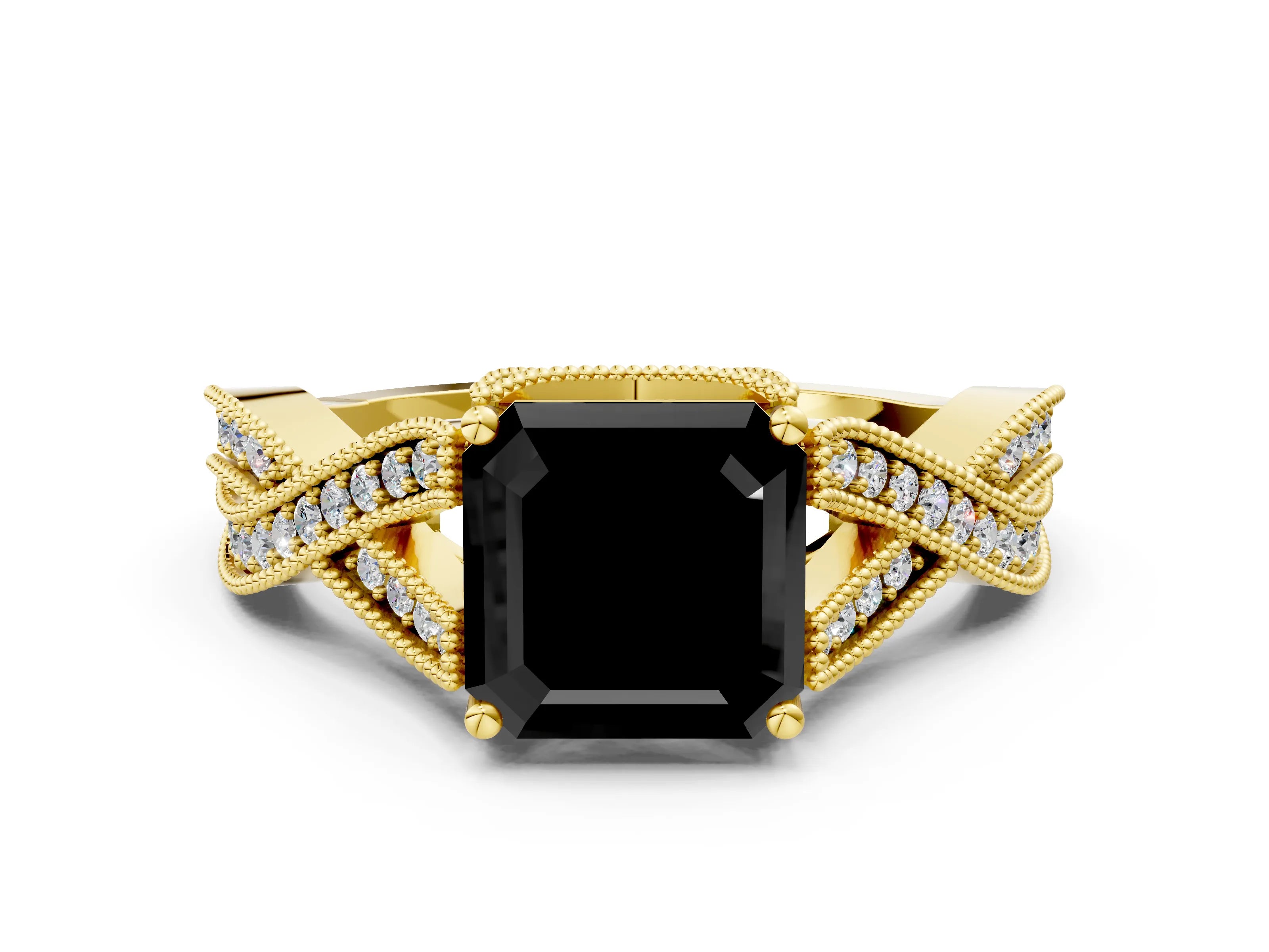 Yellow gold Fancy Black Asscher Cut Cut Diamond Twisted Band with Milgrain Pave Setting and Four-Prong Setting