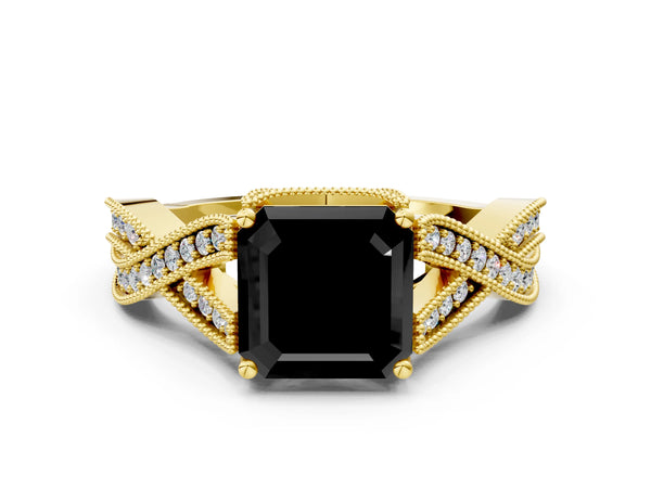 Yellow Gold Asscher Cut Graduated Pave Twist Engagement Ring Setting for Black Center