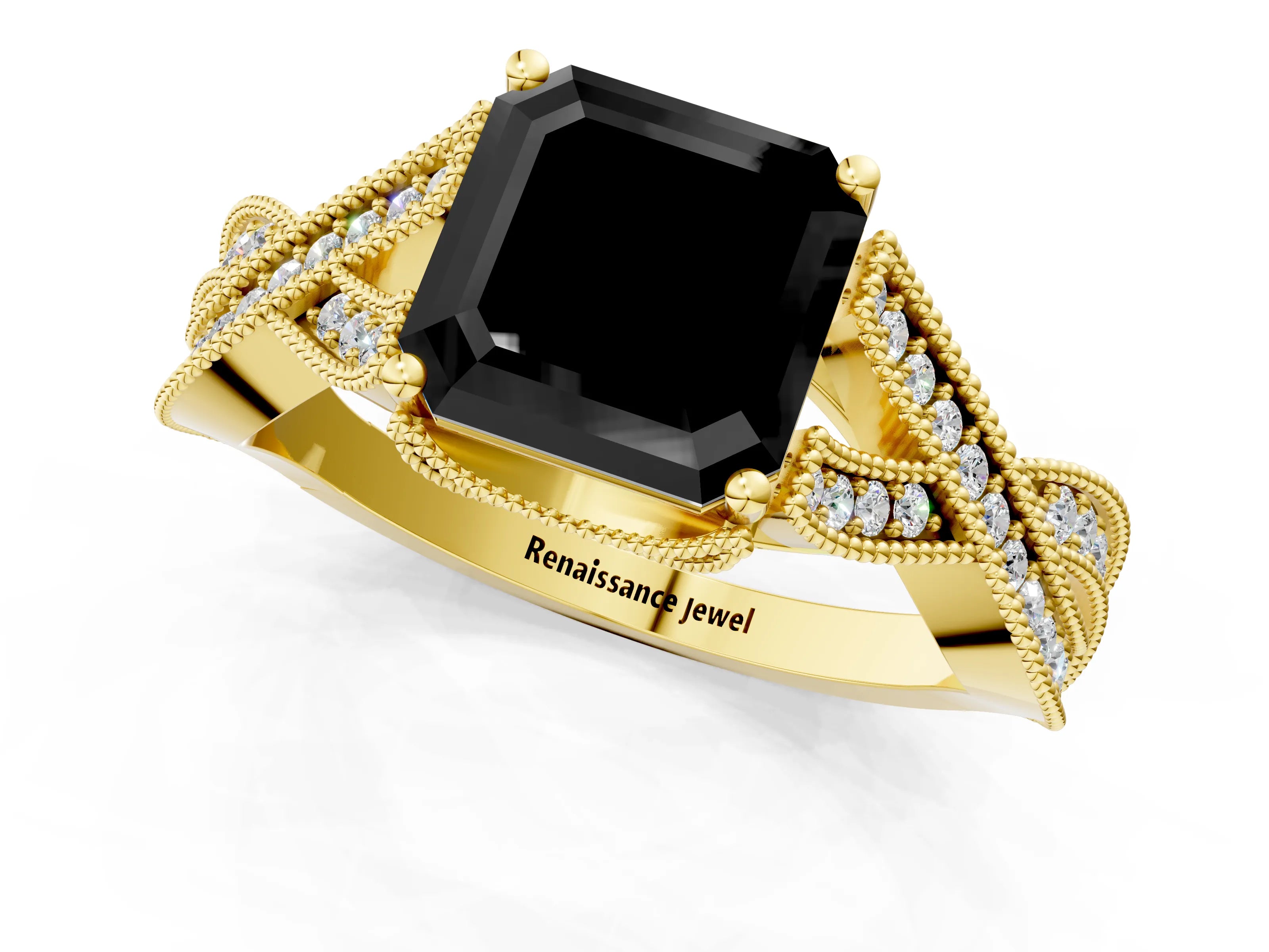 Yellow gold Fancy Black Asscher Cut Cut Diamond Twisted Band with Milgrain Pave Setting and Four-Prong Setting_1