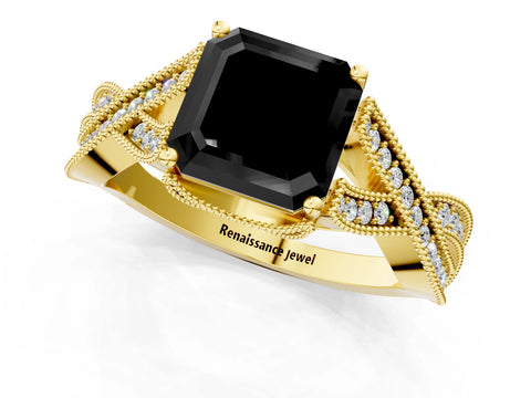 Yellow gold Fancy Black Asscher Cut Cut Diamond Twisted Band with Milgrain Pave Setting and Four-Prong Setting_1