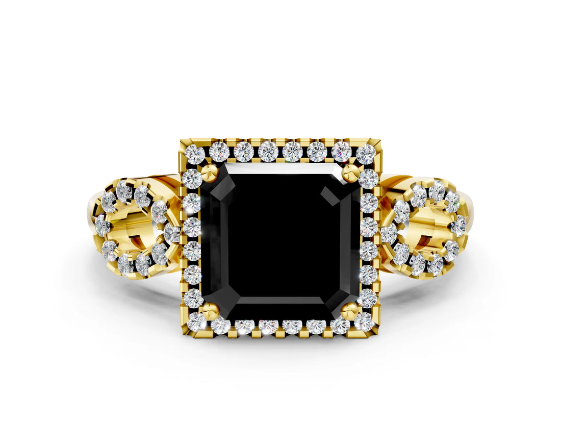 Yellow gold Fancy Black Asscher Cut Cut Halo Diamond Infinity Band with Four-Prong Setting