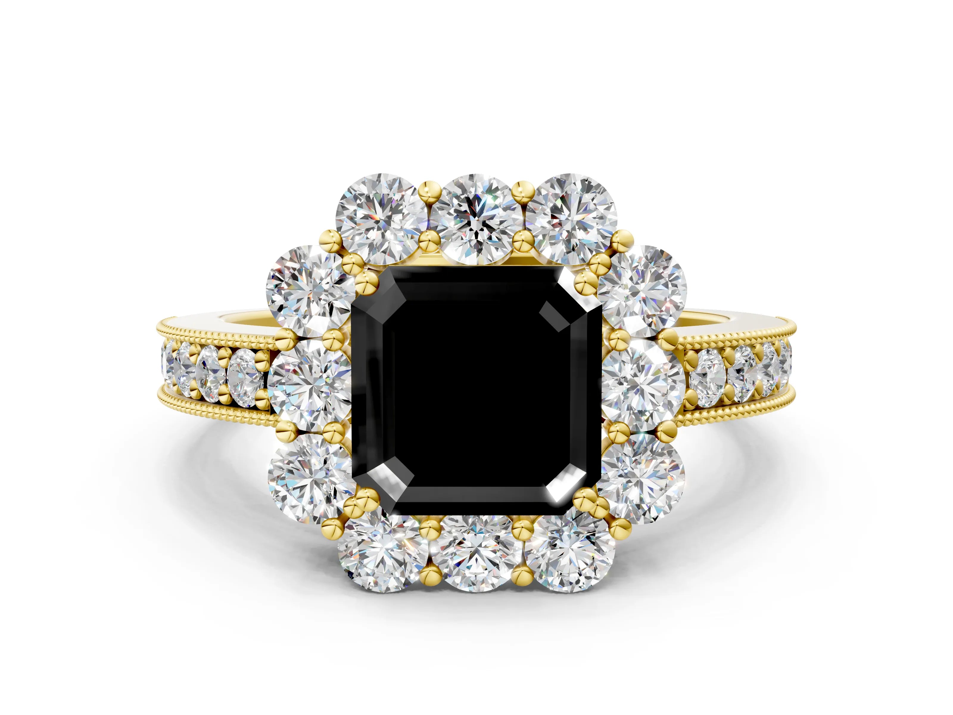 Yellow gold Fancy Black Asscher Cut Cut Halo Diamond Pavé Engagement Ring with Milgrain Detailing