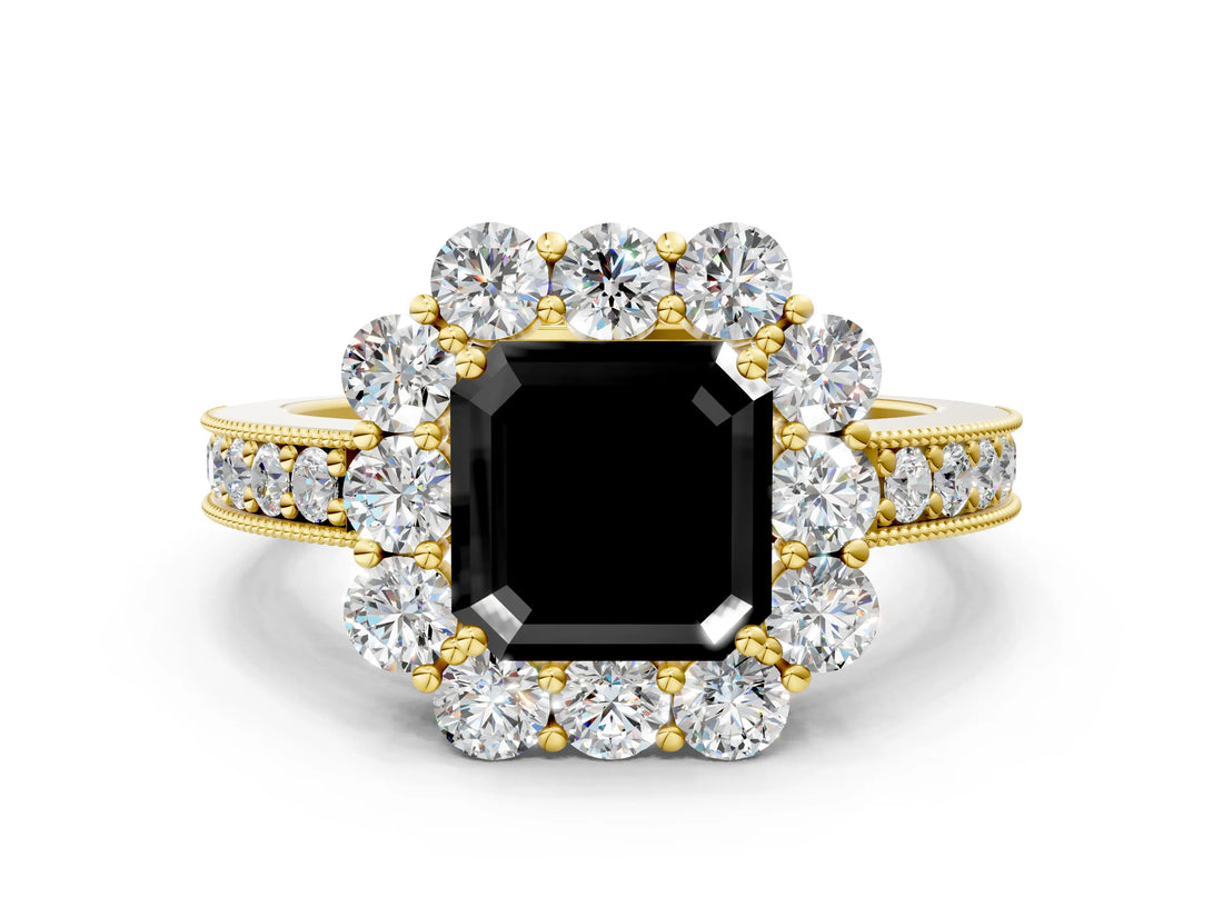Yellow gold Fancy Black Asscher Cut Cut Halo Diamond Pavé Engagement Ring with Milgrain Detailing