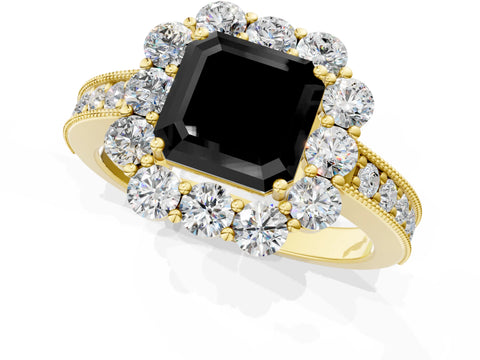Yellow gold Fancy Black Asscher Cut Cut Halo Diamond Pavé Engagement Ring with Milgrain Detailing_1