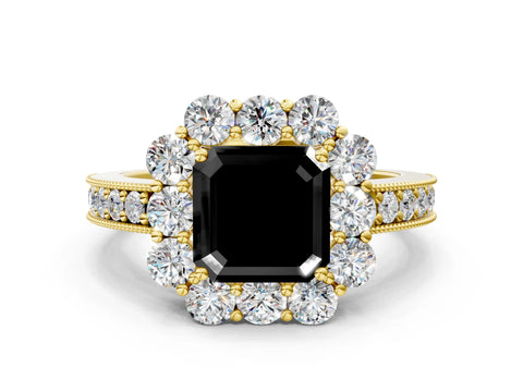 Yellow gold Fancy Black Asscher Cut Cut Halo Diamond Pavé Engagement Ring with Milgrain Detailing
