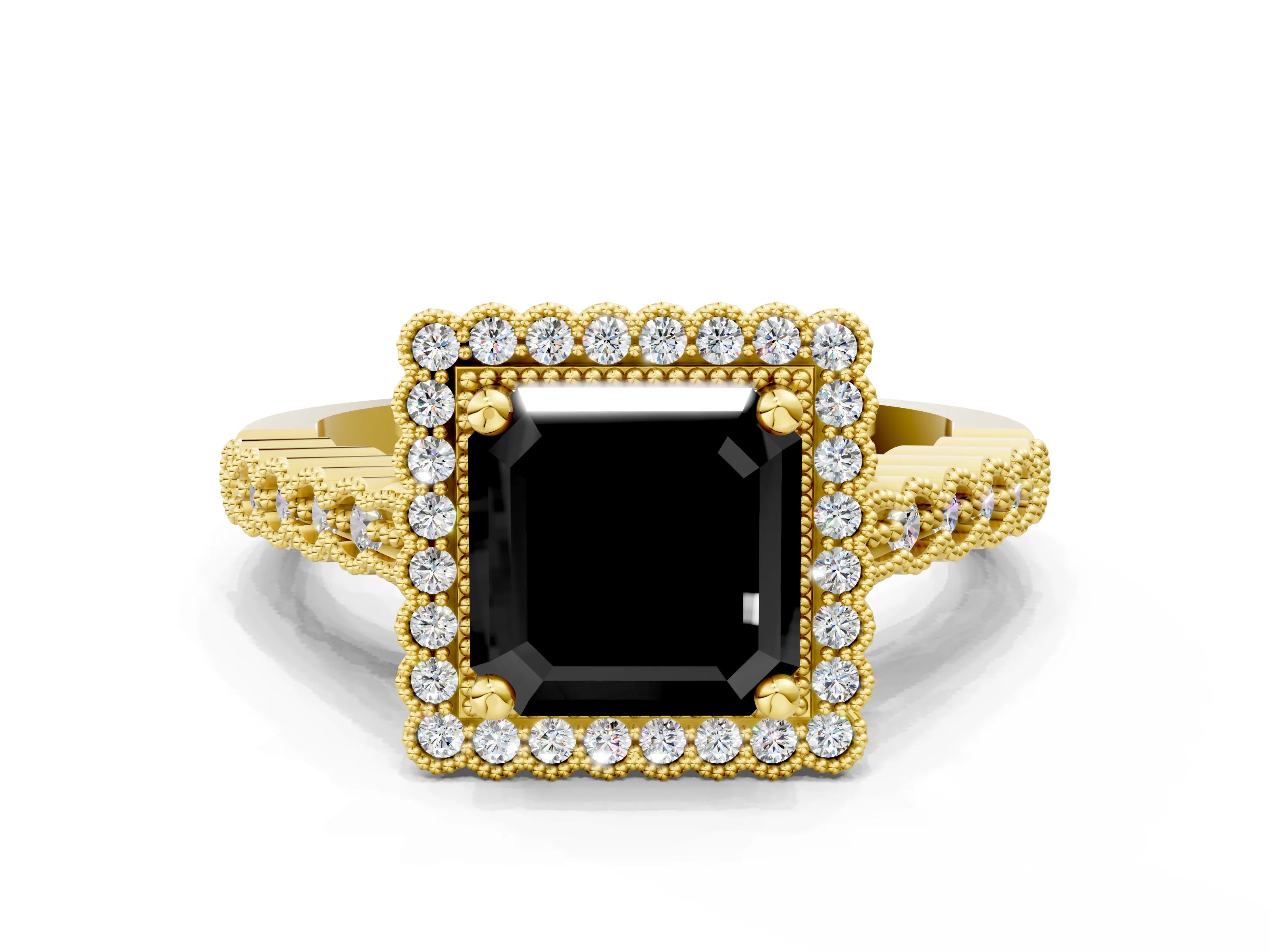 Yellow gold Fancy Black Asscher Cut Cut Halo Pavé Solitaire Ring with Milgrain Band