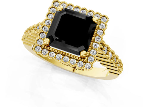 Yellow gold Fancy Black Asscher Cut Cut Halo Pavé Solitaire Ring with Milgrain Band_1