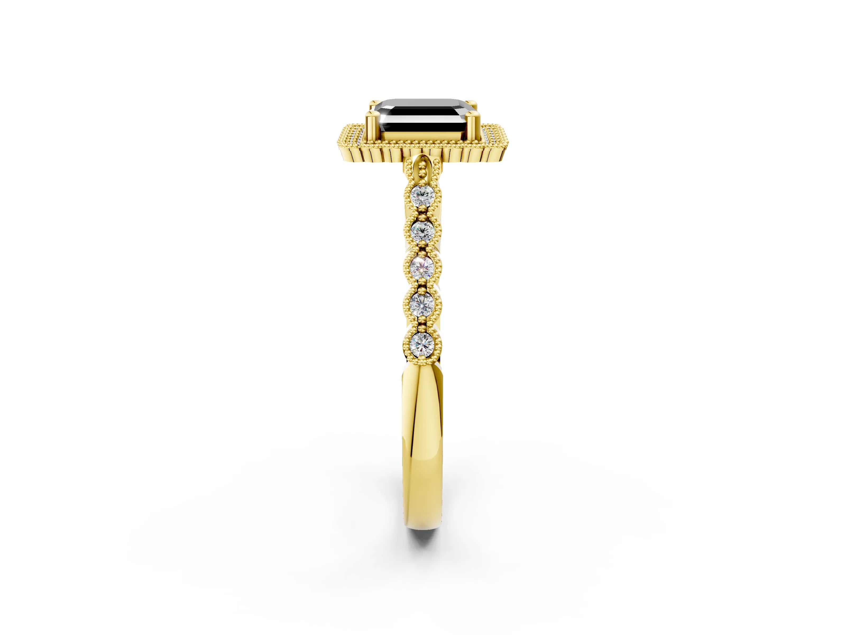 Yellow gold Fancy Black Asscher Cut Cut Halo Pavé Solitaire Ring with Milgrain Band_2
