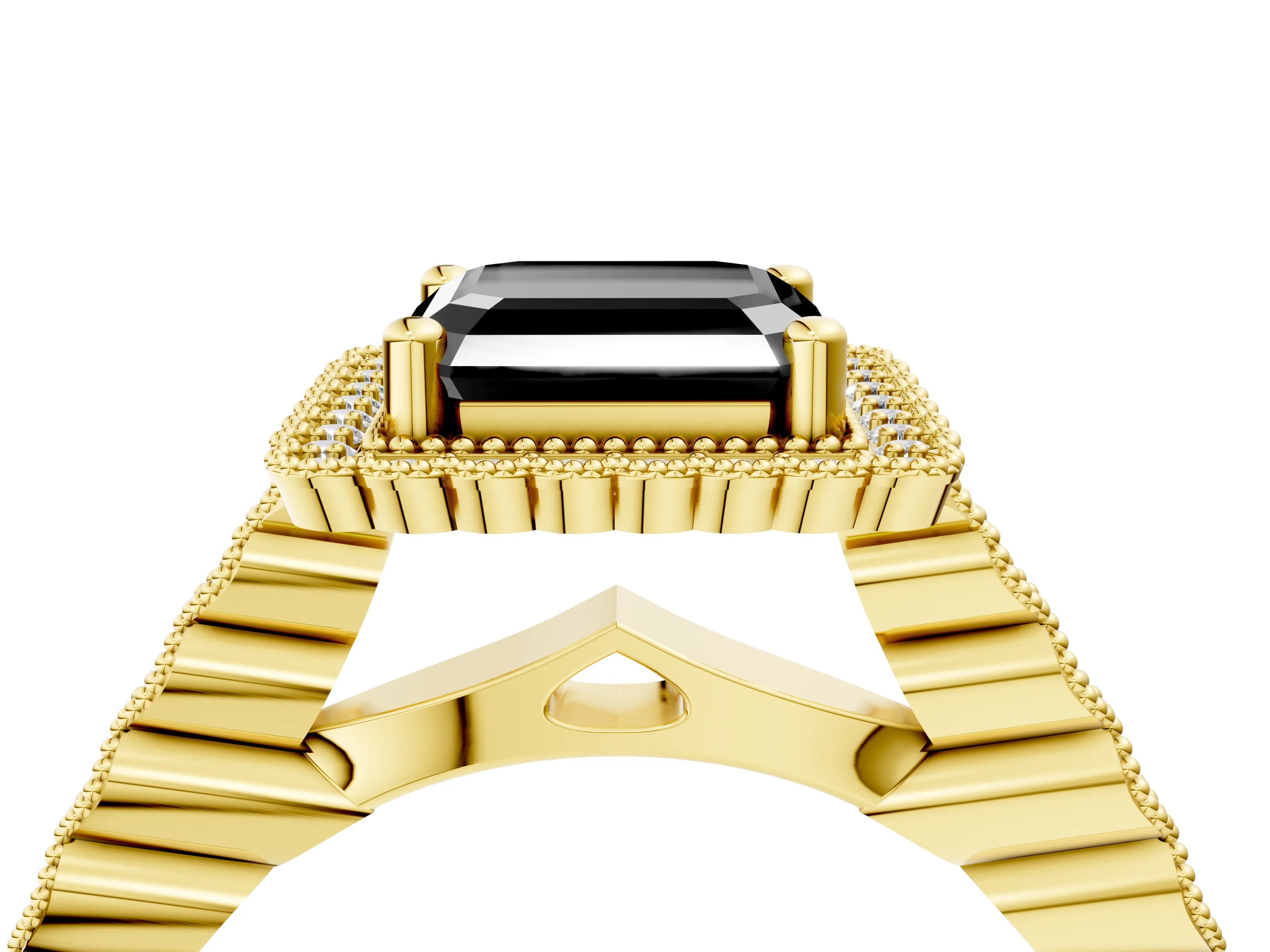 Yellow gold Fancy Black Asscher Cut Cut Halo Pavé Solitaire Ring with Milgrain Band_4