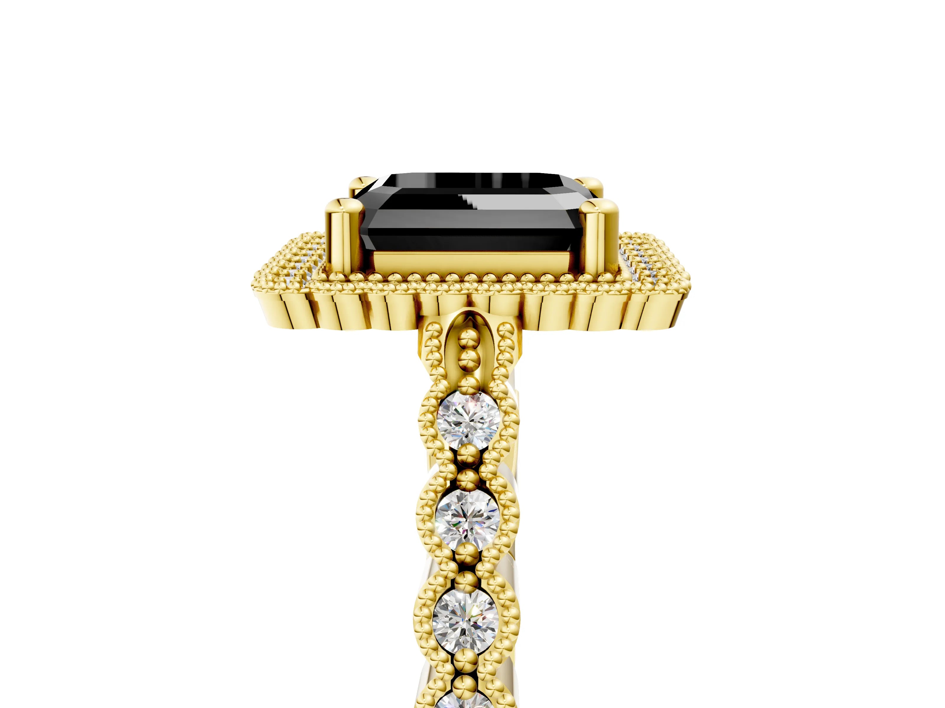 Yellow gold Fancy Black Asscher Cut Cut Halo Pavé Solitaire Ring with Milgrain Band_5