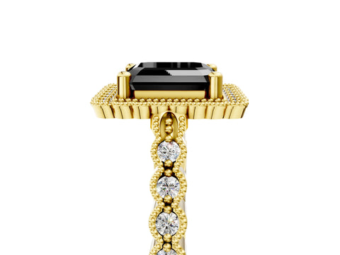 Yellow gold Fancy Black Asscher Cut Cut Halo Pavé Solitaire Ring with Milgrain Band_5
