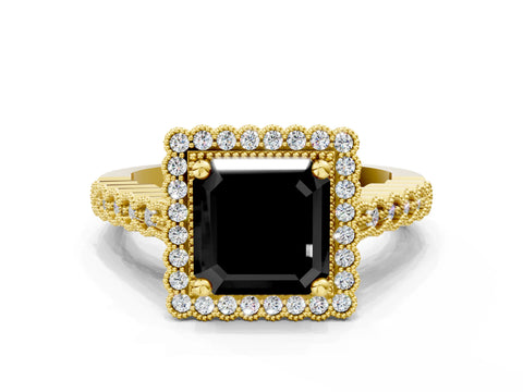 Yellow gold Fancy Black Asscher Cut Cut Halo Pavé Solitaire Ring with Milgrain Band