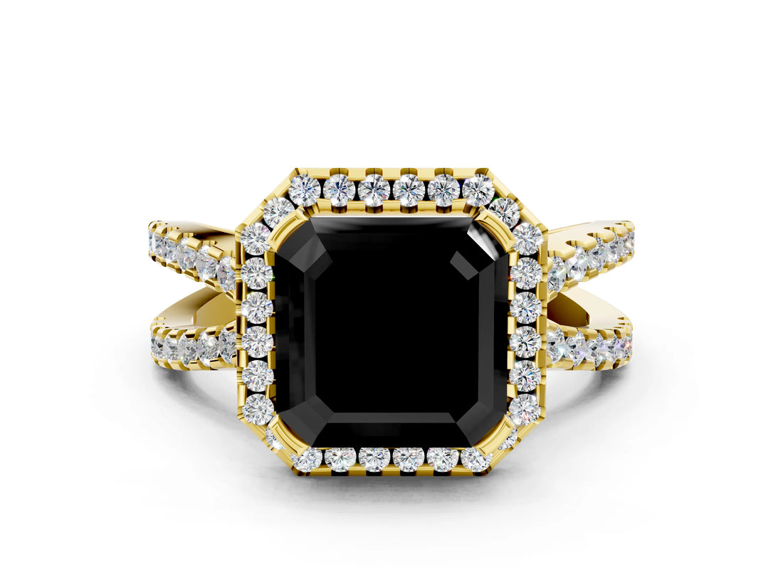 Yellow gold Fancy Black Asscher Cut Cut Halo Split Shank Pave Set Ring