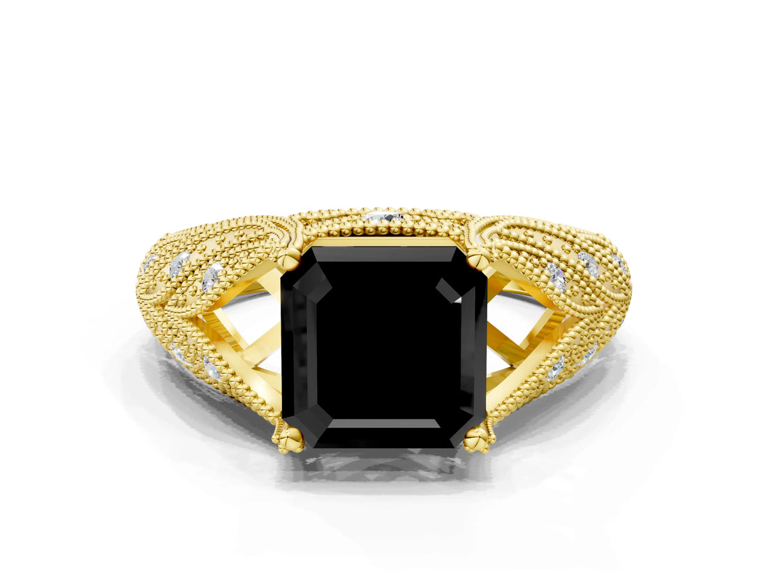 Yellow gold Fancy Black Asscher Cut Cut Milgrain Pave Diamond Engagement Ring with Four-Prong Setting_15