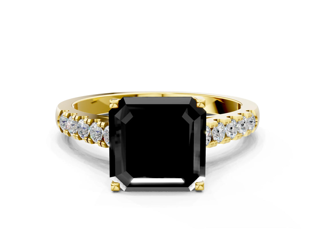 Yellow gold Fancy Black Asscher Cut Cut Pavé Band Solitaire Ring with Four-Prong Setting
