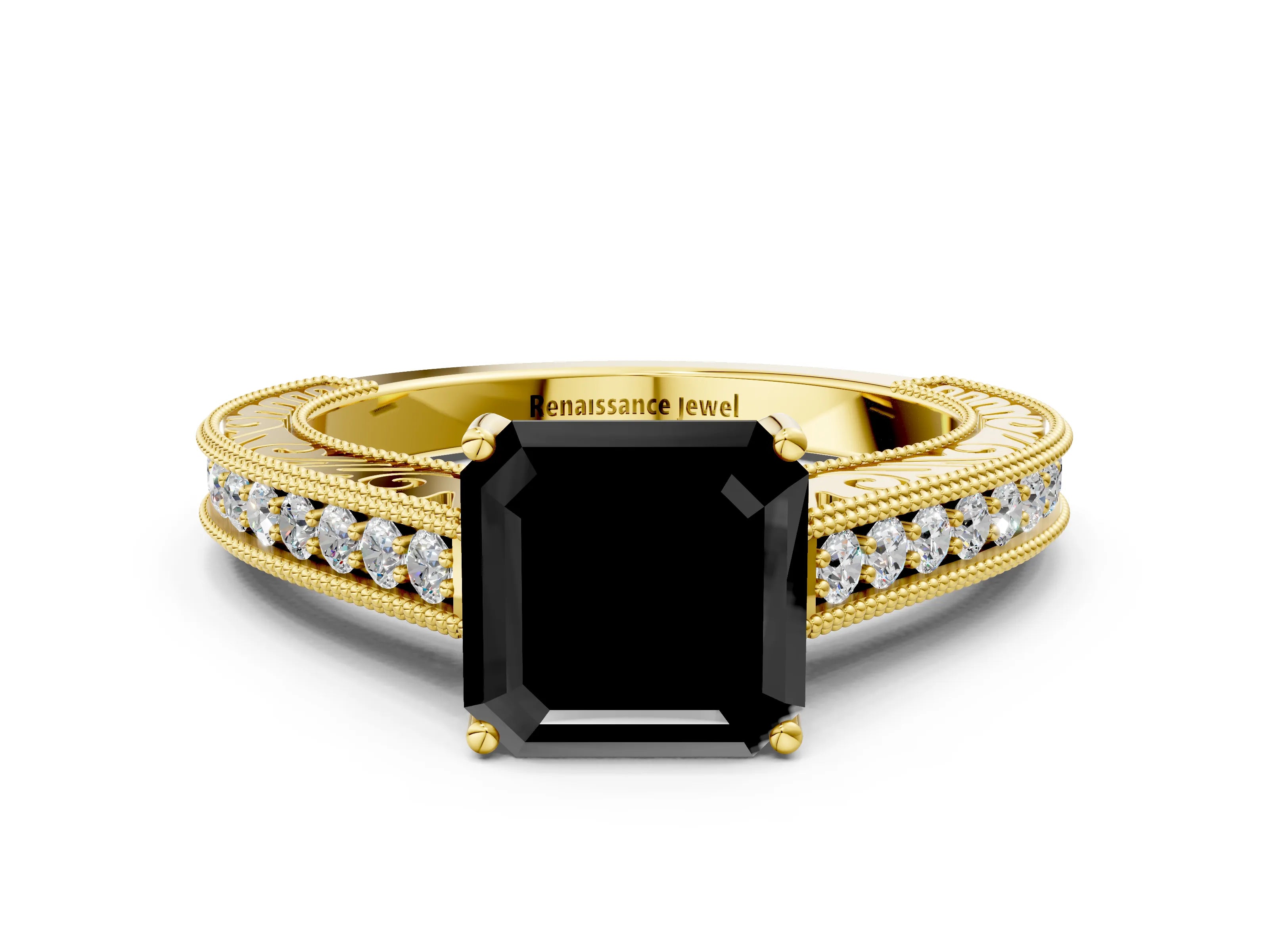 Yellow gold Fancy Black Asscher Cut Cut Pave Band Milgrain Solitaire Ring
