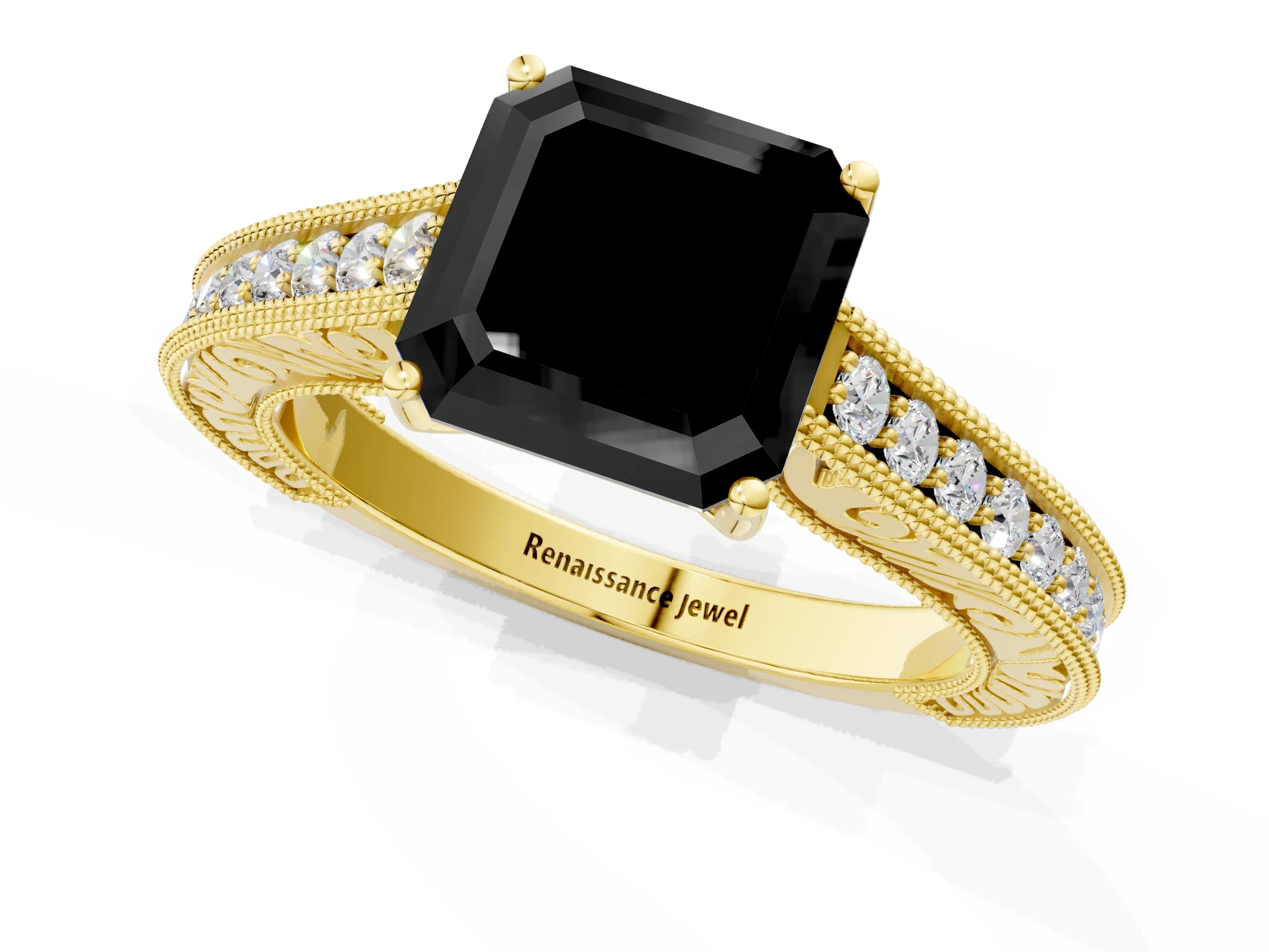 Yellow gold Fancy Black Asscher Cut Cut Pave Band Milgrain Solitaire Ring_1