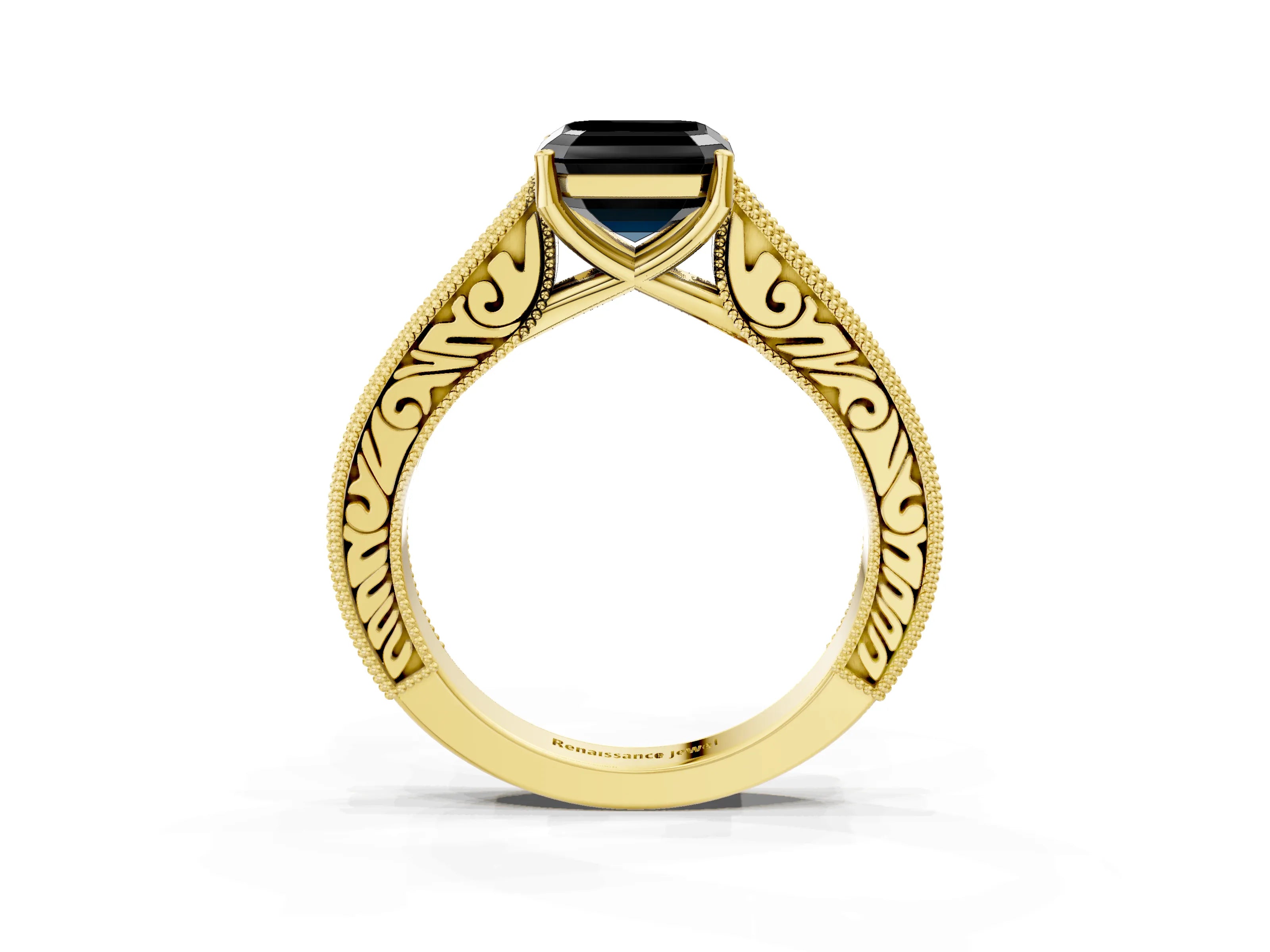 Yellow gold Fancy Black Asscher Cut Cut Pave Band Milgrain Solitaire Ring_3