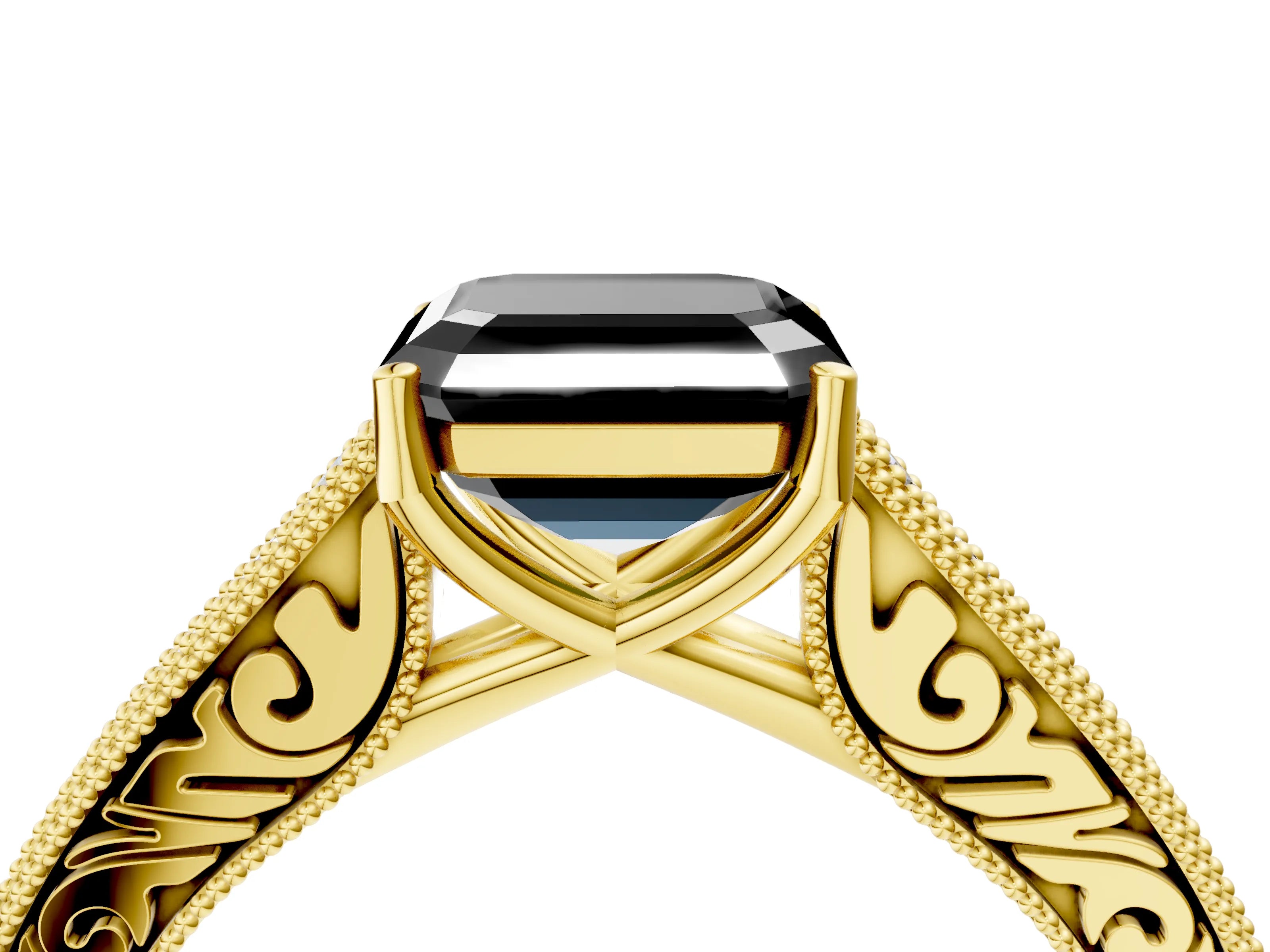 Yellow gold Fancy Black Asscher Cut Cut Pave Band Milgrain Solitaire Ring_4