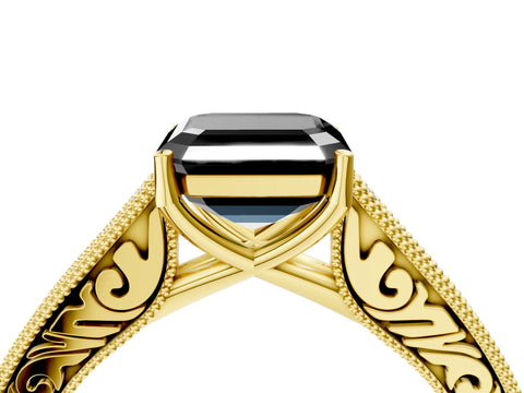 Yellow gold Fancy Black Asscher Cut Cut Pave Band Milgrain Solitaire Ring_4