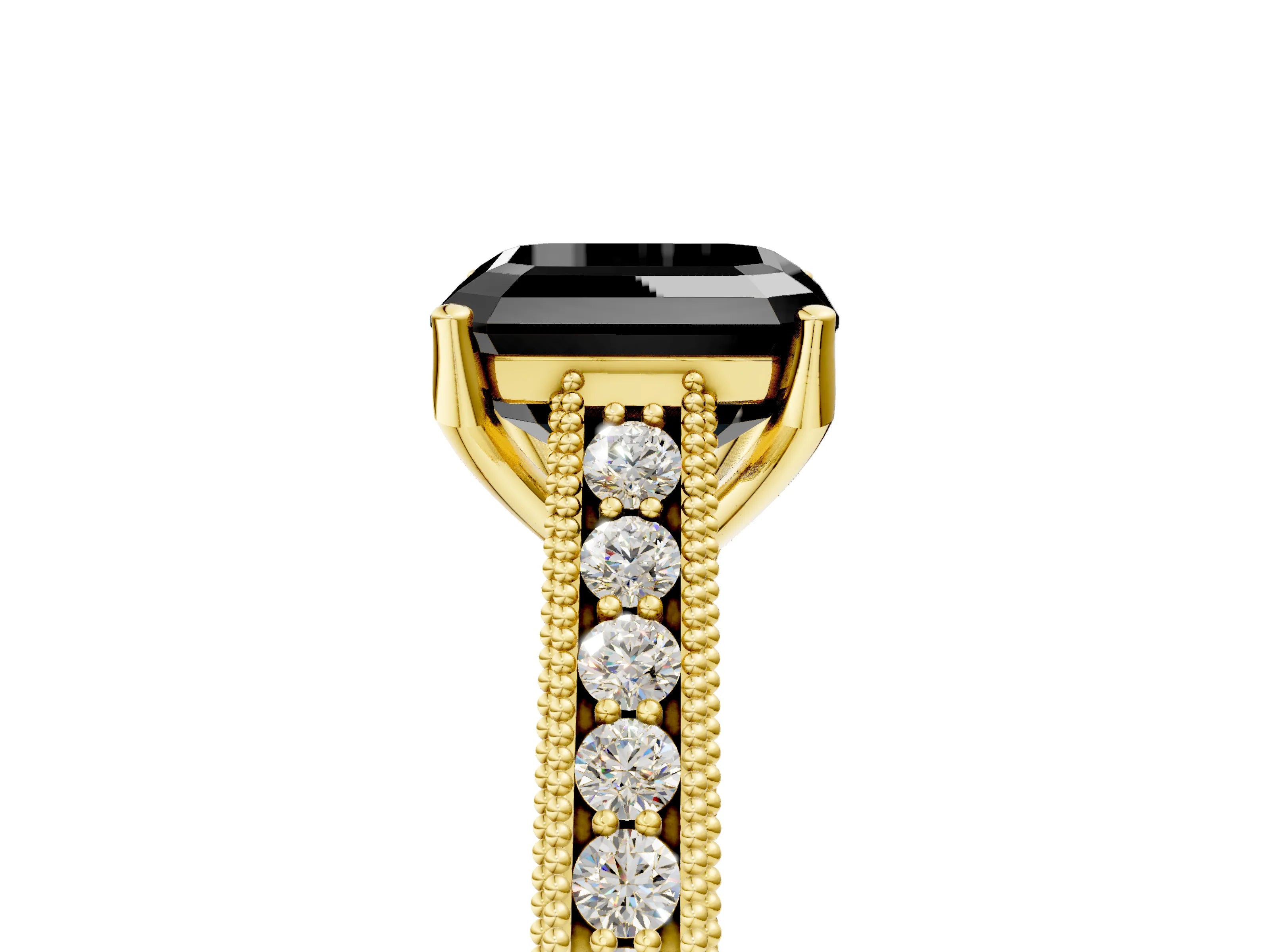Yellow gold Fancy Black Asscher Cut Cut Pave Band Milgrain Solitaire Ring_5