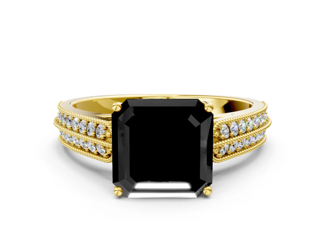Yellow gold Fancy Black Asscher Cut Cut Pave Split Shank Engagement Ring with Four-Prong Setting