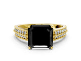 Yellow gold Fancy Black Asscher Cut Cut Pave Split Shank Engagement Ring with Four-Prong Setting