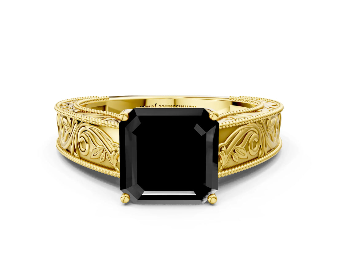 Yellow gold Fancy Black Asscher Cut Cut Solitaire Engraved Band with Four-Prong Setting