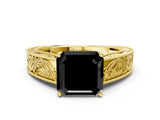 Yellow gold Fancy Black Asscher Cut Cut Solitaire Engraved Band with Four-Prong Setting