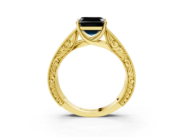 Yellow Gold Asscher Cut Vintage Engraved Solitaire Engagement Ring Setting for Black Center