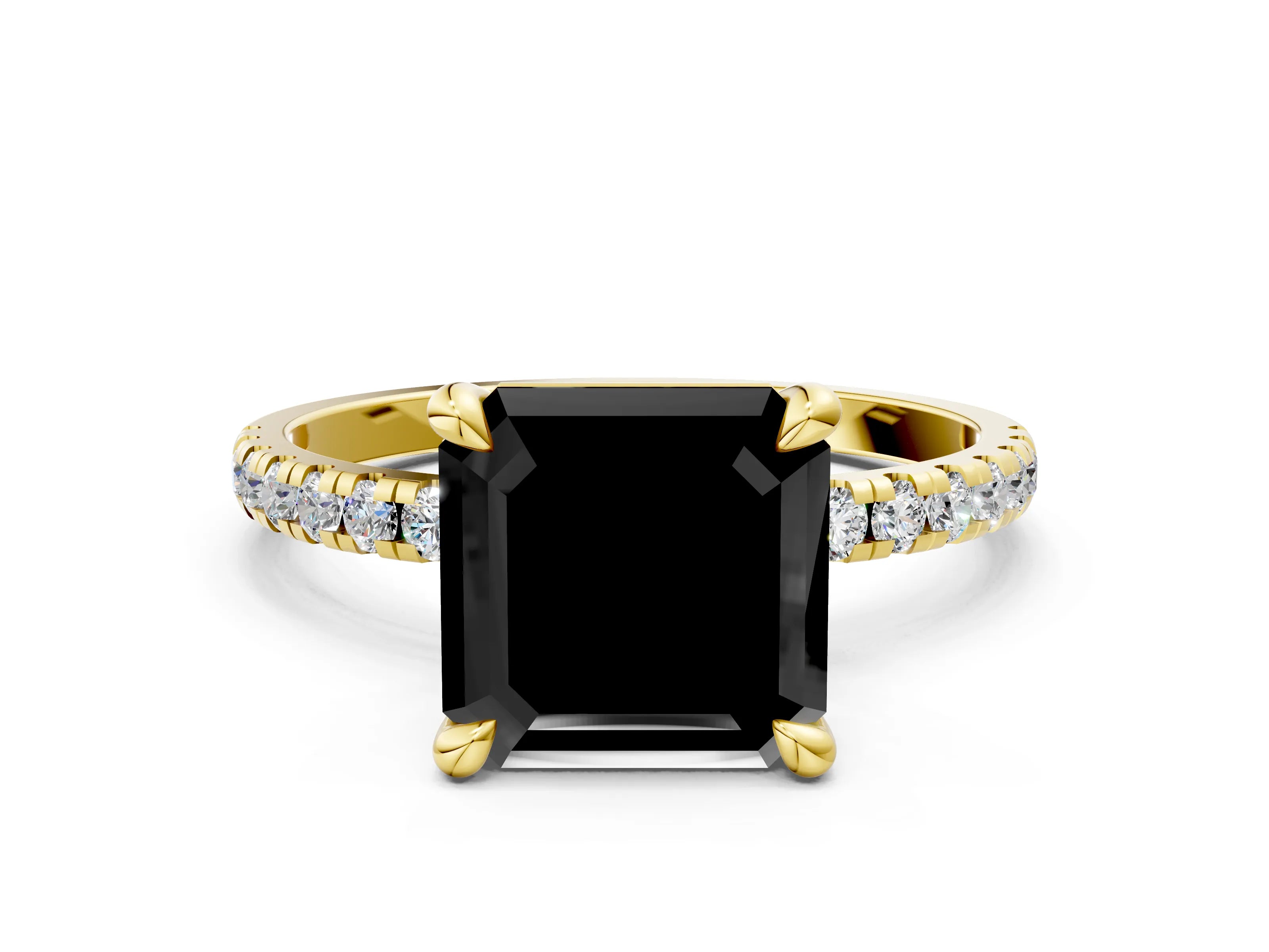 Yellow gold Fancy Black Asscher Cut Diamond Brilliant Solitaire Ring with Pavé Band and Four-Prong Setting