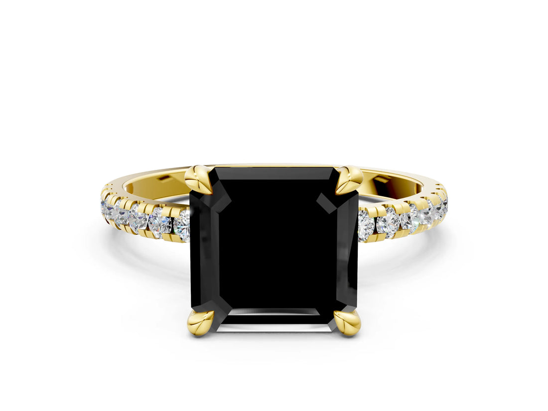 Yellow gold Fancy Black Asscher Cut Diamond Brilliant Solitaire Ring with Pavé Band and Four-Prong Setting_12