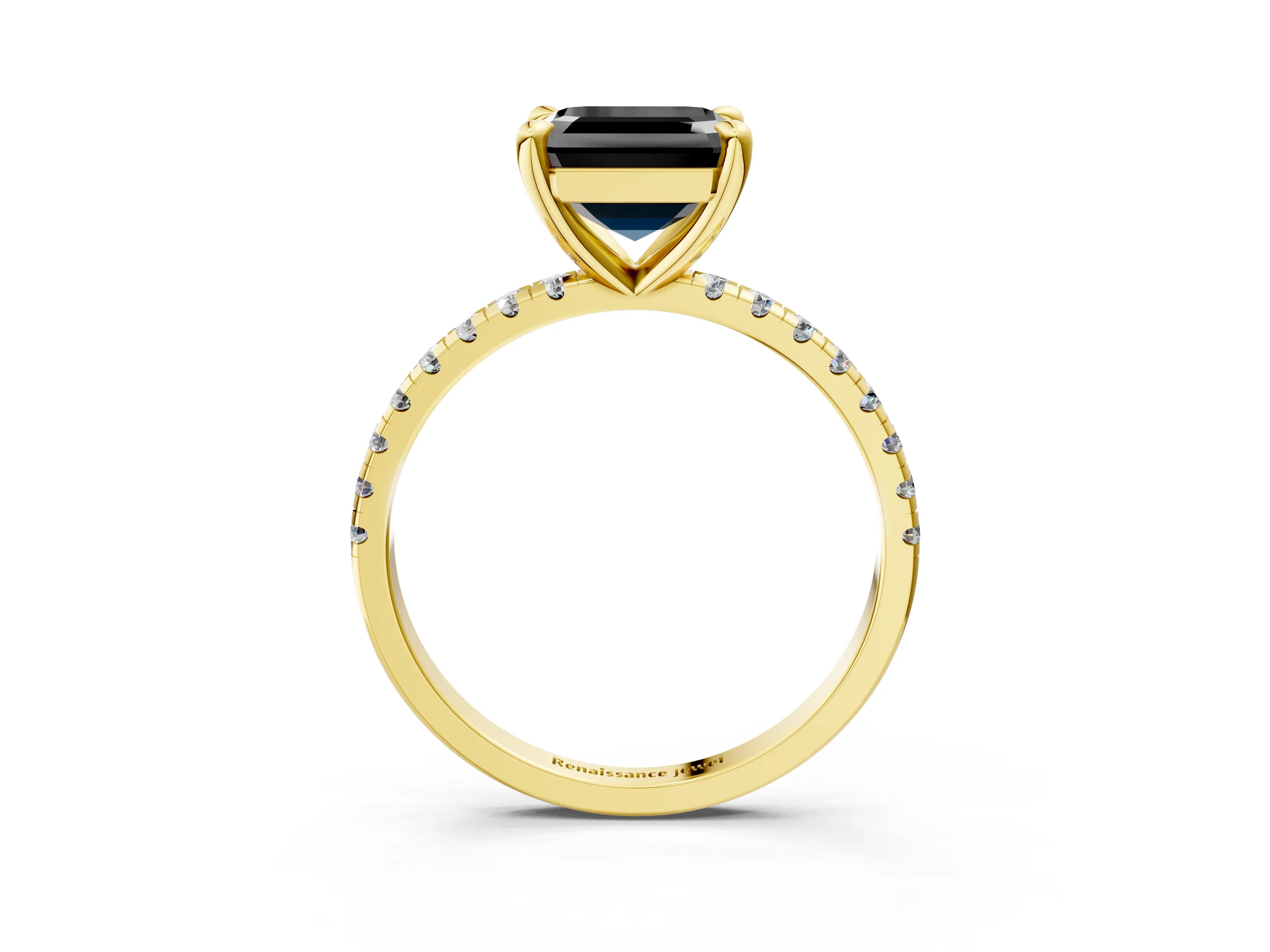 Yellow gold Fancy Black Asscher Cut Diamond Brilliant Solitaire Ring with Pavé Band and Four-Prong Setting_3
