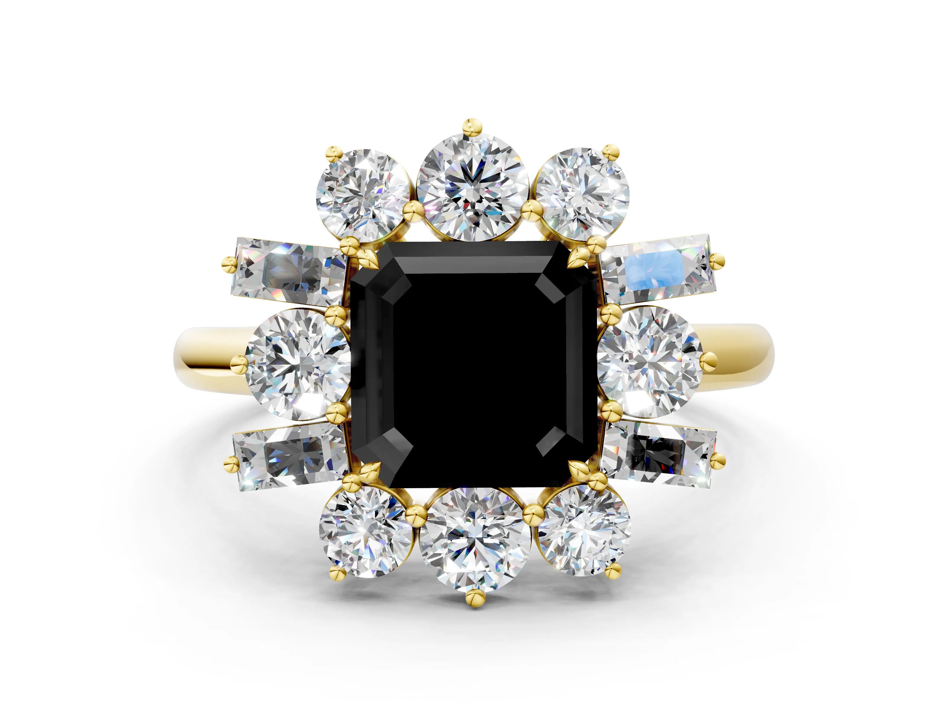 Yellow gold Fancy Black Asscher Cut Diamond Cluster Ring with Round and Baguette Stones, Split Shank Band, Prong Setting