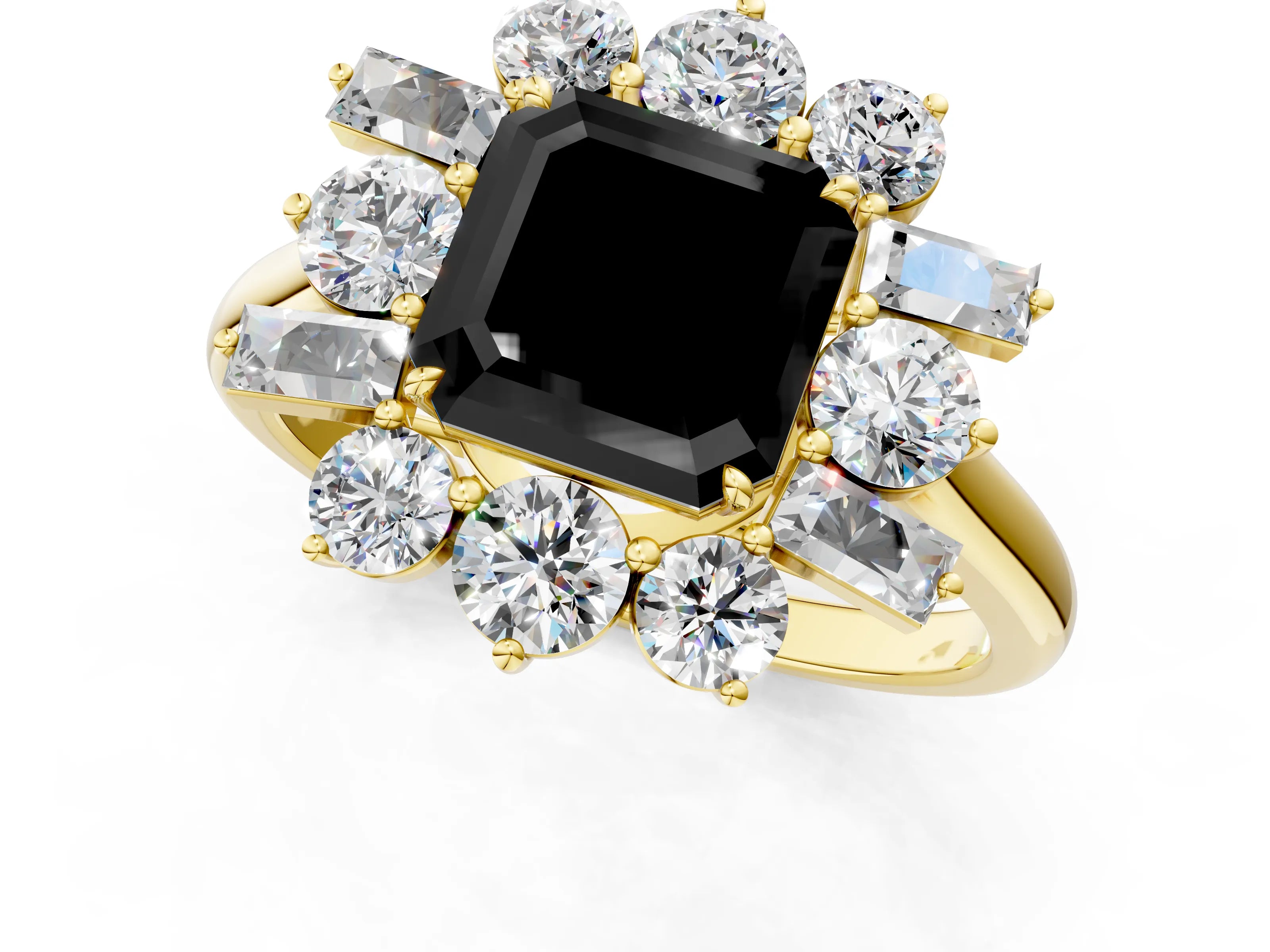 Yellow gold Fancy Black Asscher Cut Diamond Cluster Ring with Round and Baguette Stones, Split Shank Band, Prong Setting_1
