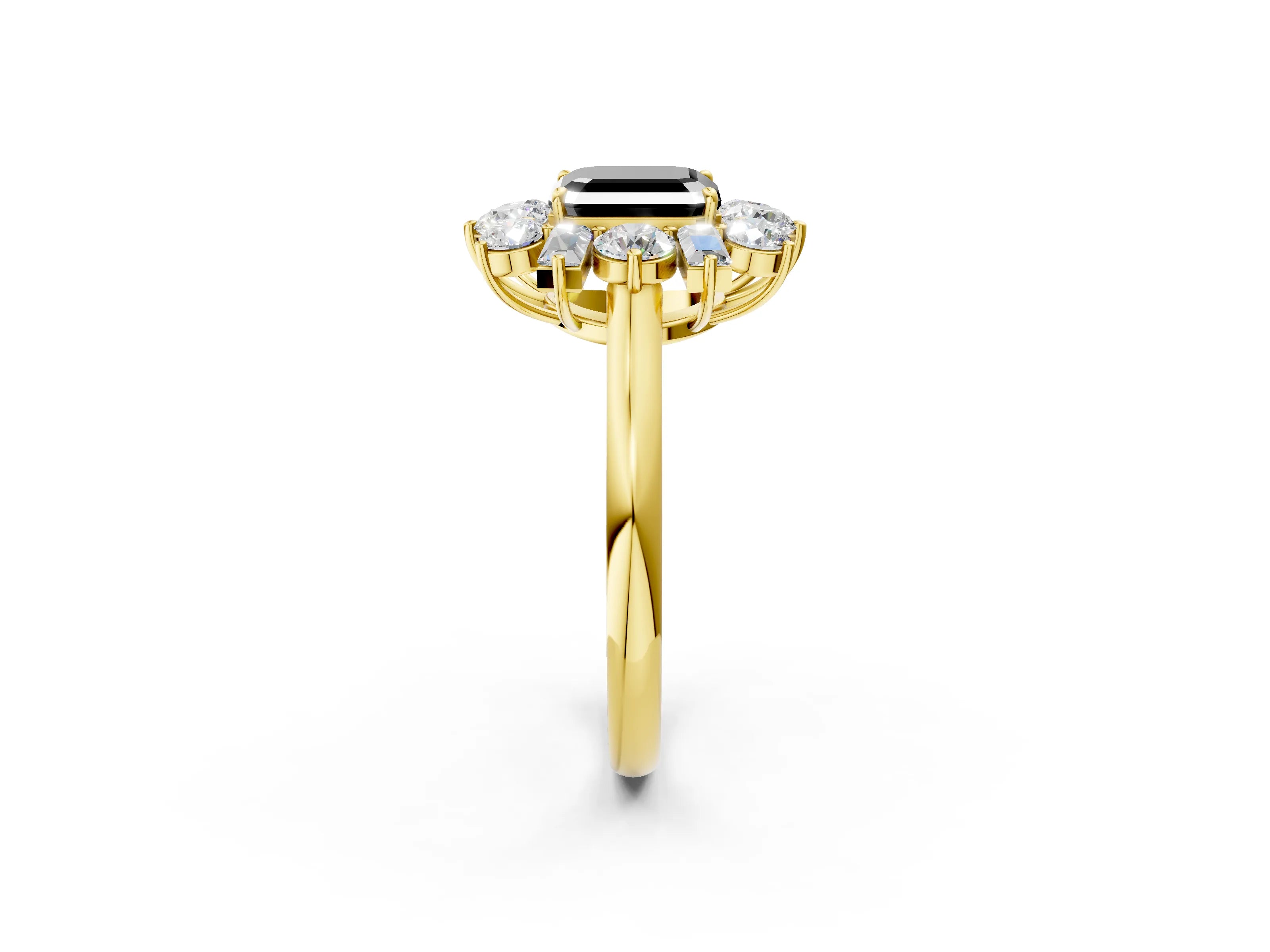 Yellow gold Fancy Black Asscher Cut Diamond Cluster Ring with Round and Baguette Stones, Split Shank Band, Prong Setting_2