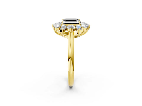 Yellow gold Fancy Black Asscher Cut Diamond Cluster Ring with Round and Baguette Stones, Split Shank Band, Prong Setting_2