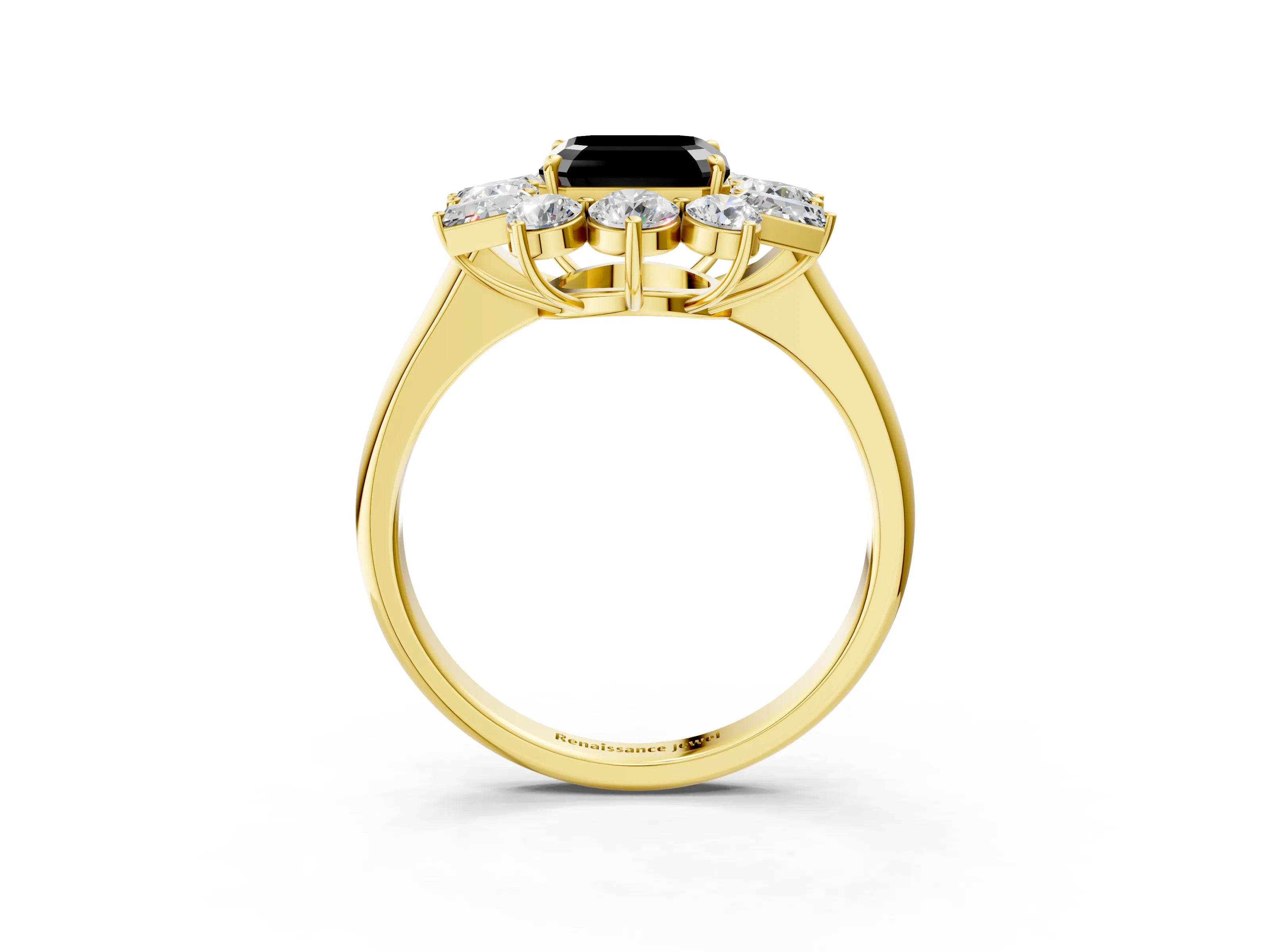 Yellow gold Fancy Black Asscher Cut Diamond Cluster Ring with Round and Baguette Stones, Split Shank Band, Prong Setting_3