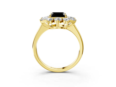 Yellow gold Fancy Black Asscher Cut Diamond Cluster Ring with Round and Baguette Stones, Split Shank Band, Prong Setting_3