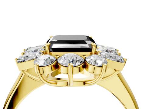 Yellow gold Fancy Black Asscher Cut Diamond Cluster Ring with Round and Baguette Stones, Split Shank Band, Prong Setting_4
