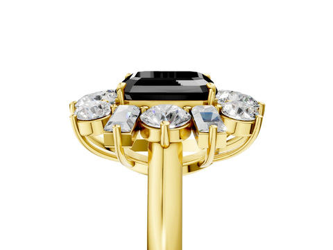 Yellow gold Fancy Black Asscher Cut Diamond Cluster Ring with Round and Baguette Stones, Split Shank Band, Prong Setting_5