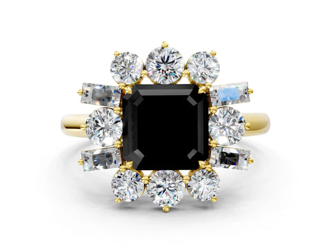 Yellow gold Fancy Black Asscher Cut Diamond Cluster Ring with Round and Baguette Stones, Split Shank Band, Prong Setting