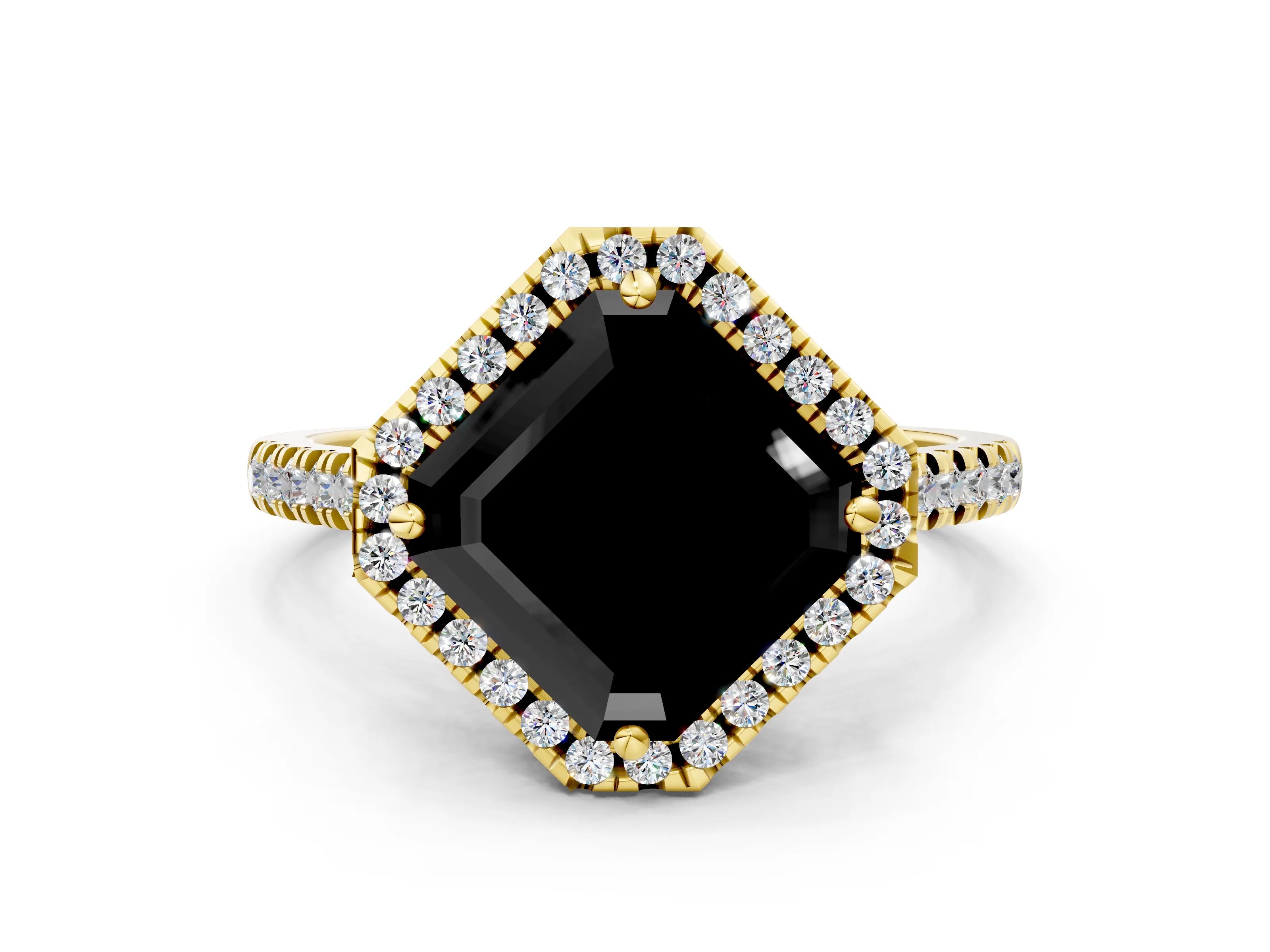 Yellow gold Fancy Black Asscher Cut Diamond Cushion Halo Ring with Pavé Band