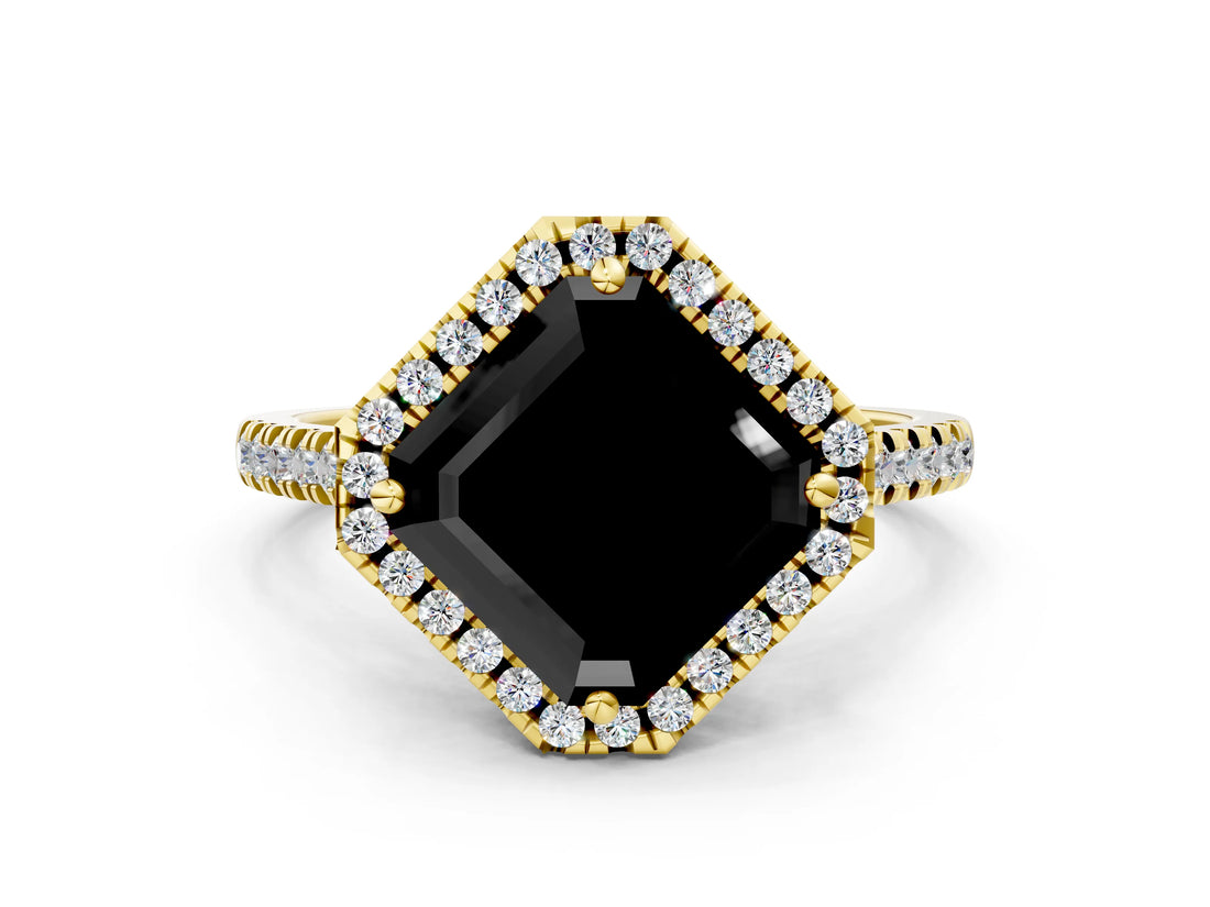 Yellow gold Fancy Black Asscher Cut Diamond Cushion Halo Ring with Pavé Band
