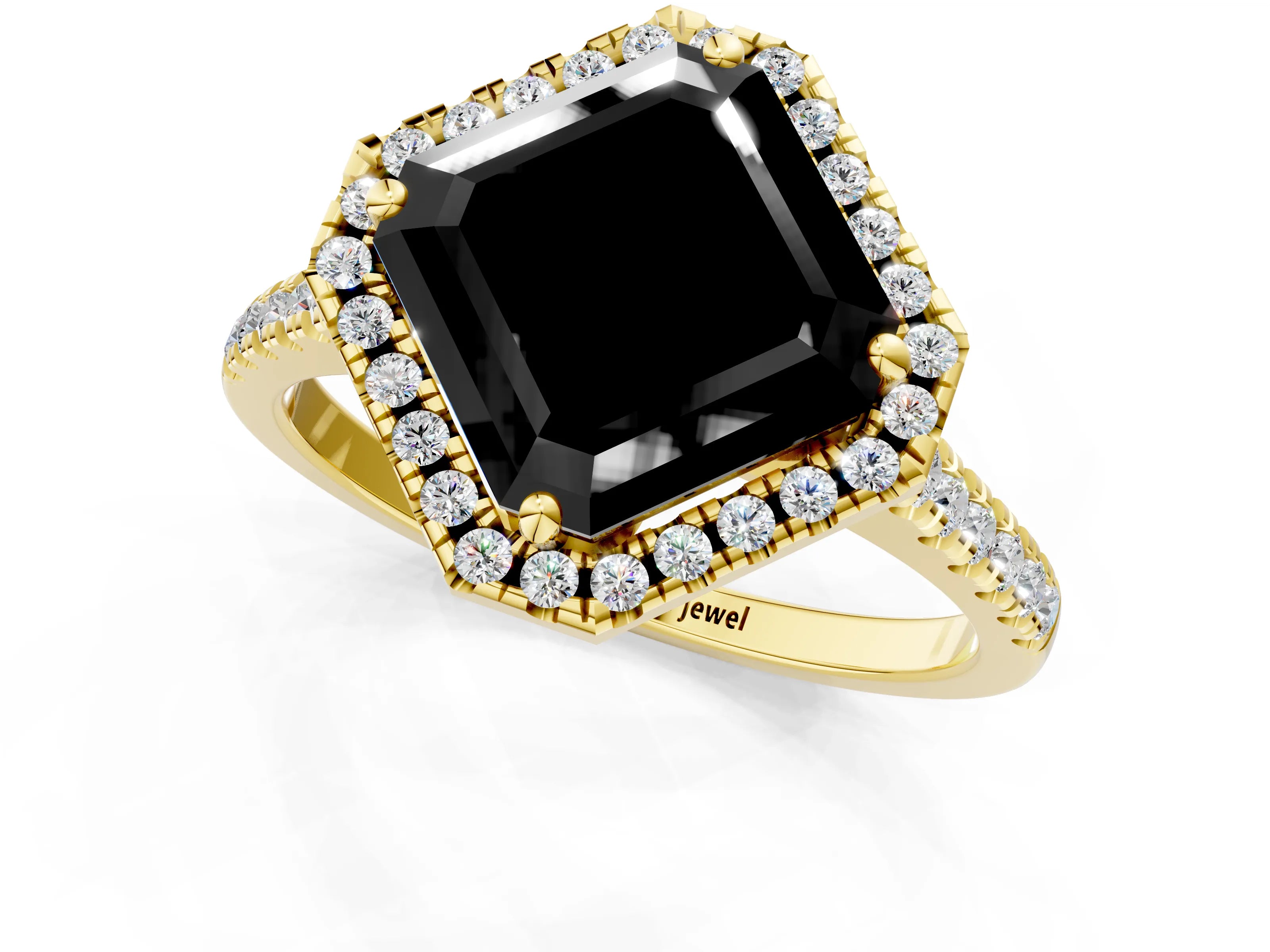 Yellow gold Fancy Black Asscher Cut Diamond Cushion Halo Ring with Pavé Band_1