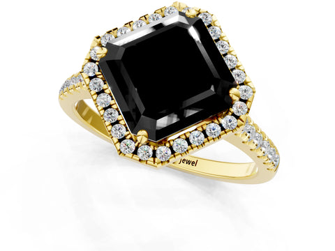 Yellow gold Fancy Black Asscher Cut Diamond Cushion Halo Ring with Pavé Band_1