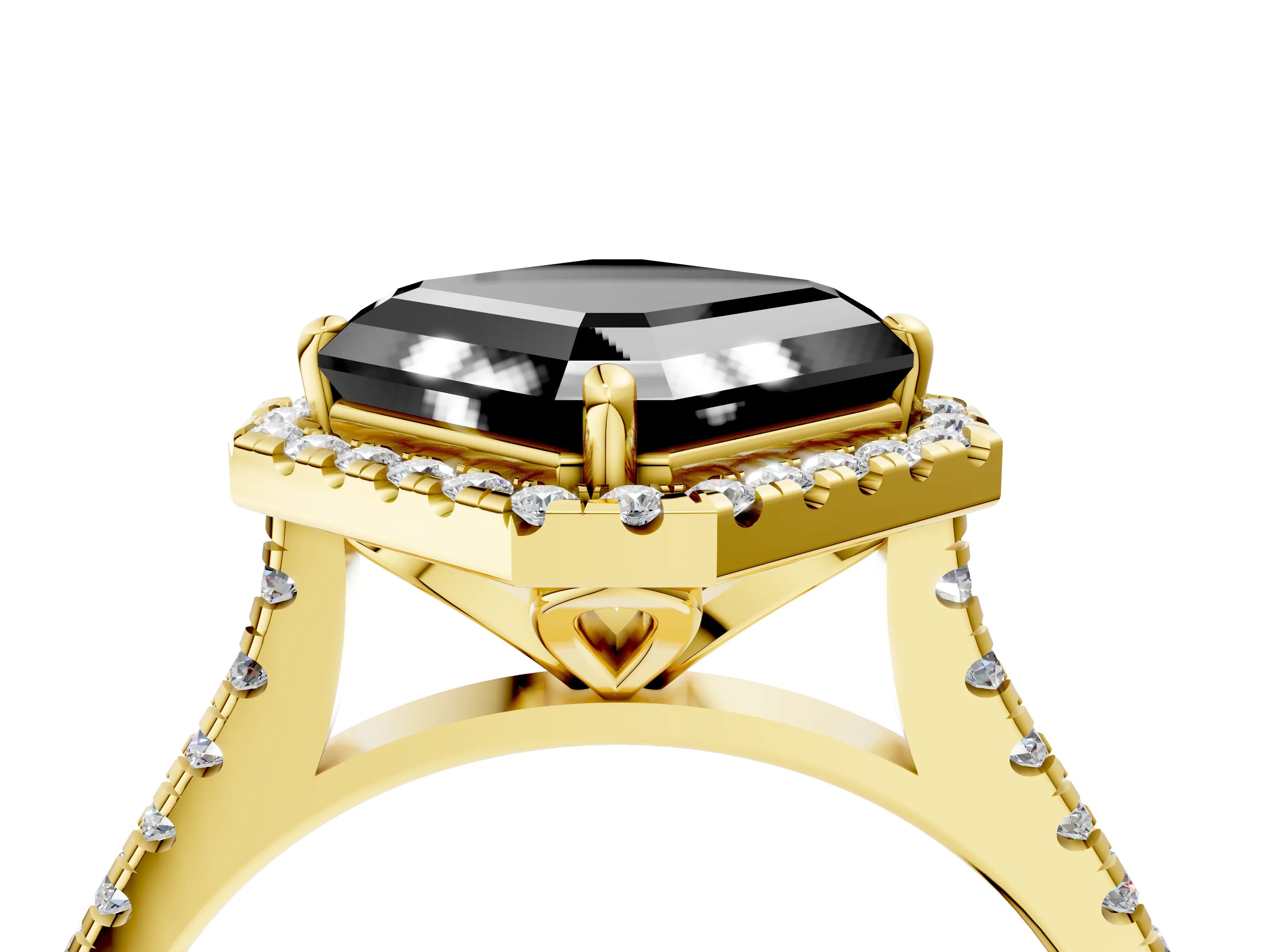 Yellow gold Fancy Black Asscher Cut Diamond Cushion Halo Ring with Pavé Band_4