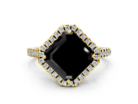 Yellow gold Fancy Black Asscher Cut Diamond Cushion Halo Ring with Pavé Band