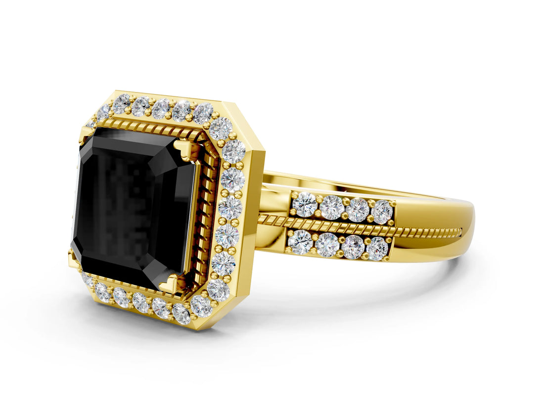 Yellow gold Fancy Black Asscher Cut Diamond Double Halo Ring with Split Shank and Four-Prong Setting