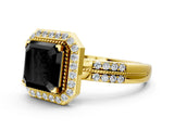 Yellow gold Fancy Black Asscher Cut Diamond Double Halo Ring with Split Shank and Four-Prong Setting